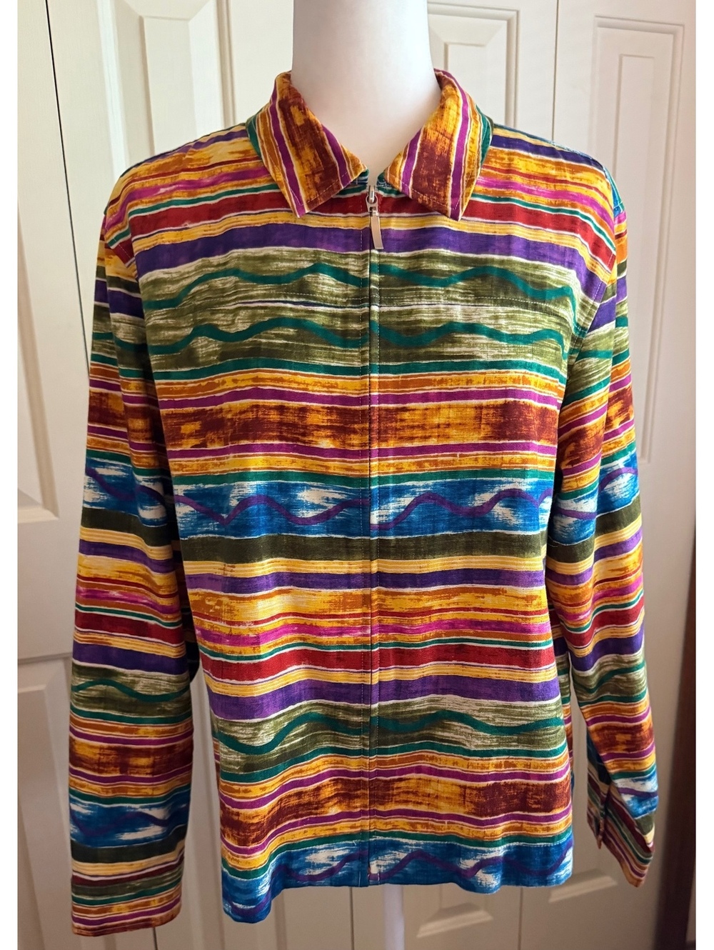 Coldwater Creek Women’s XL Colorful Striped Zip Front Jacket 100% Cotton